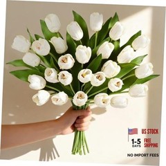12 Pcs Tulips Artificial Flowers Real Touch Tulips Fake Faux Tulip White