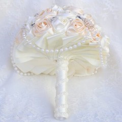 Ivory and Champagne Bridal Wedding Bouquet with Rhinestone Brooch Pearl Strin…