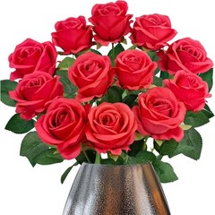 12PCS Fake Red Roses Artificial Red Flowers Bulk, Silk Faux Roses with Stems