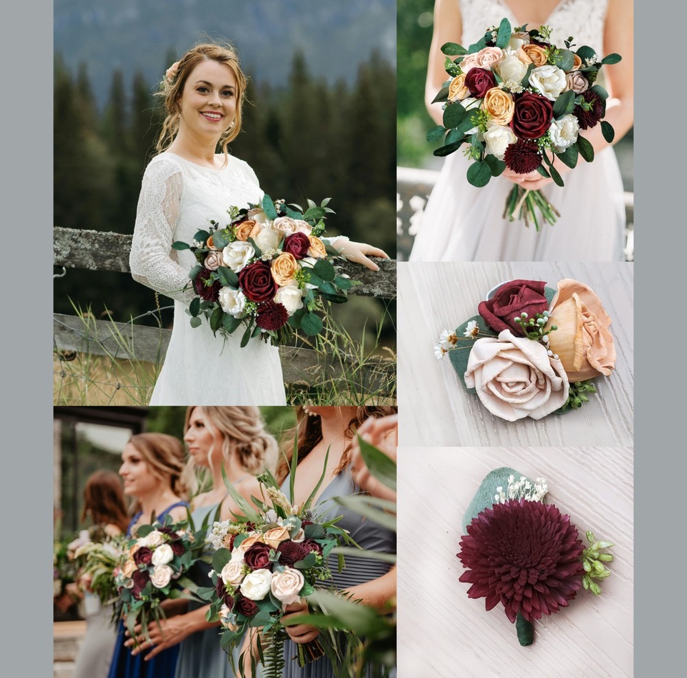 Peach Burgundy Bridal Bouquet Sola Wood Orange Blush Rose Wedding Flowers Prom