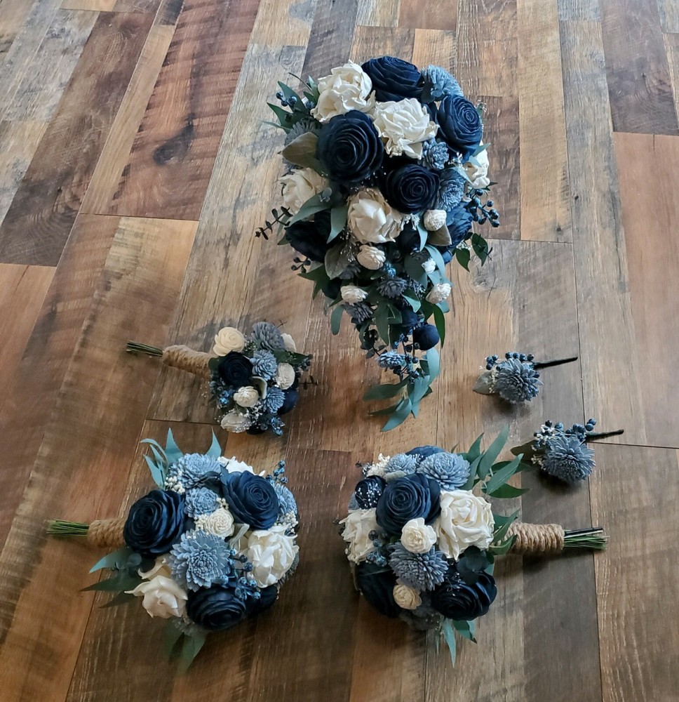 17PC Dusty Blue Navy Bridal Bouquet Bridesmaid Sola Wood Wedding Flower Set