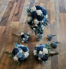 17PC Dusty Blue Navy Bridal Bouquet Bridesmaid Sola Wood Wedding Flower Set