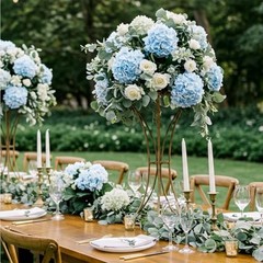 46 PCS Hydrangea Artificial Flowers Silk Hydrangea Heads with Stems, Bule Blue