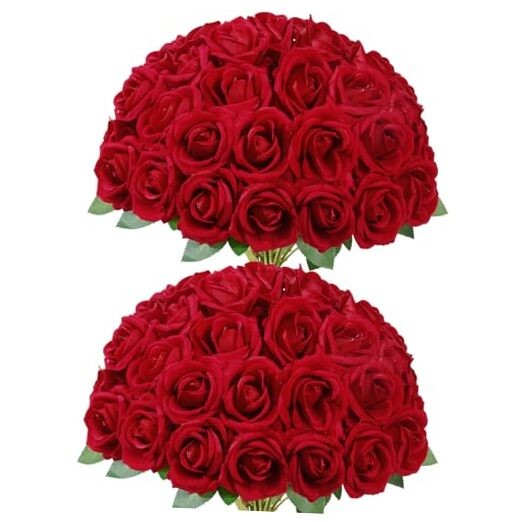 Pcs Artificial Roses Flowers in Bulk, Fake Long Stem Silk Roses for DIY 50 Red
