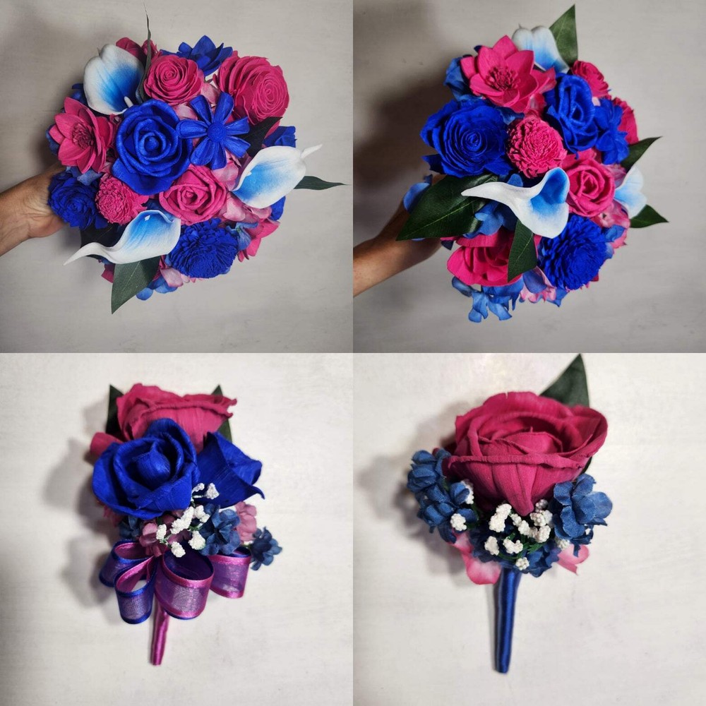 Fuchsia Royal Blue Rose Calla Lily Sola Wood Bridal Wedding Bouquet Accessories
