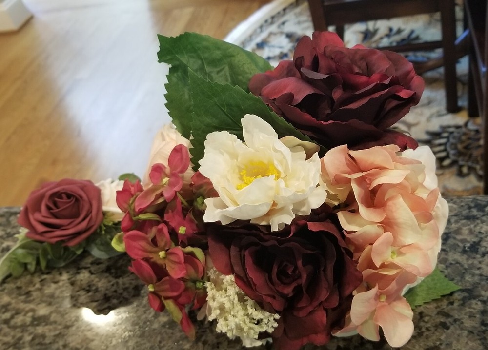 Bridal burgundy and blush wedding bouquet with matching hair comb