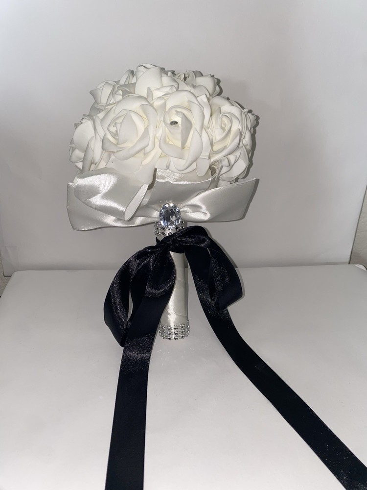 Artificial Wedding Bouquet With Bow, Rhinestone Embellishments And Ribbon Handle