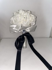 Artificial Wedding Bouquet With Bow, Rhinestone Embellishments And Ribbon Handle