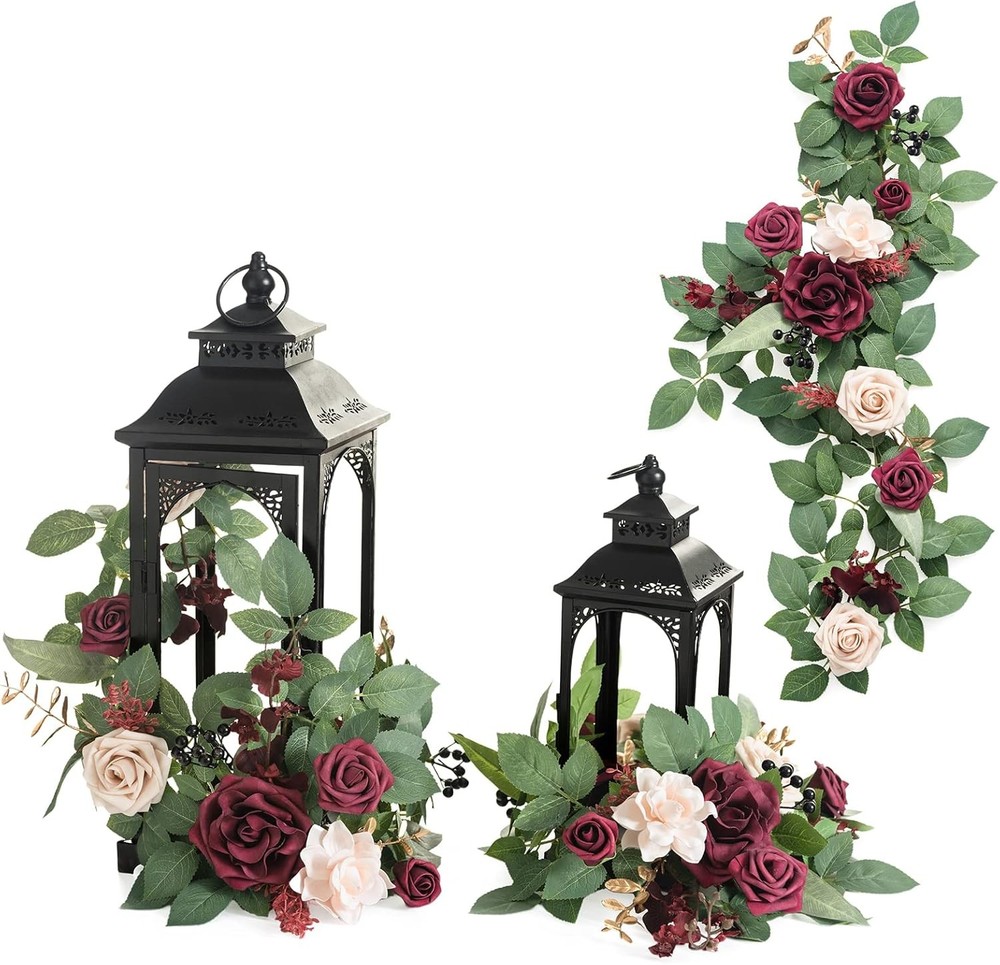 6Pack 2ft Burgundy Artificial Flowers Garland Marsala & Blush Lantern Flower