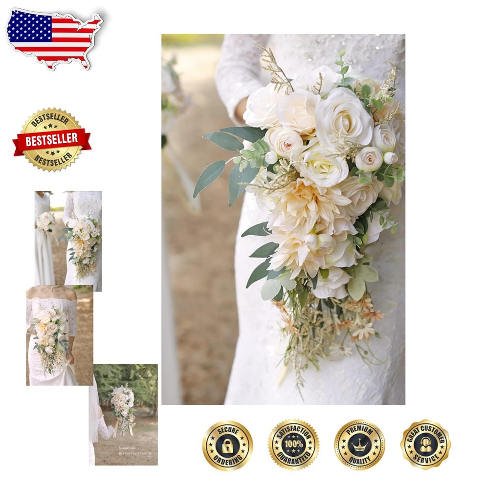 Silk Wedding Bouquet – Beige Rose Eucalyptus, 16.5″ Diameter