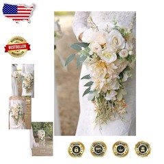 Silk Wedding Bouquet – Beige Rose Eucalyptus, 16.5″ Diameter