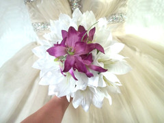 Wedding Bouquet White Lilies Ribbons Purple Orchids Tulle Men’s Corsages
