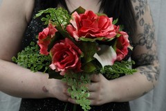 Hot pink roses w/ pink calla lily floral bouquet w/ matching boutonniere