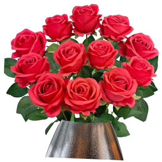 12PCS Fake Red Roses Artificial Red Flowers Bulk, Silk Faux Roses with Stems