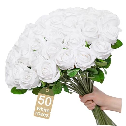 []Pcs Realistic Artificial flowers White Roses Bulk, Silk Flowers for 50