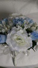 2pc Daisy silk wedding bouquet light blue& ivory roses & groom bout RUSH AVAILAB