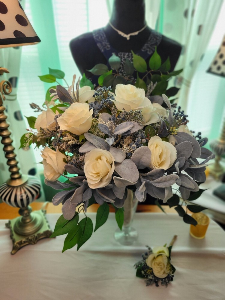 Steel Blue Wedding Bouquet, Dusty Blue, Ivory, Silk Roses, Men’s Boutonniere 