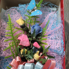 Vintage Corsage New Baby Gold Shoes Butterflies Clay Roses Pink Blue Ribbons