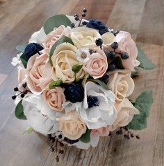 Navy Anemone Blush Pink Champagne Bridal Bouquet & Sola Wood Wedding Flowers