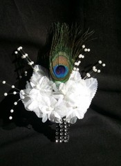 Peacock Feather Wedding BOUTONNIERE, White flower, CORSAGE,PROM,Quinceañera,Gift