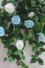 Artificial Flowers 25pcs Real Looking Foam Fake Roses with 25Pcs Aqua Blue