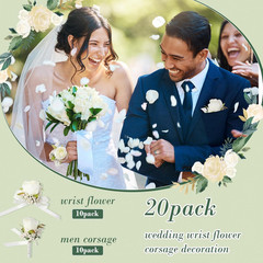 20 Pcs Wedding White Corsage and Boutonniere Set Homecoming Artificial Corsage W