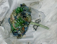 Bluesy Green Silk Succulent and Rose Bride or Bridesmaid Wedding Bouquet