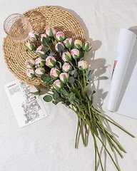24pcs Artificial Flowers Fake Silk Mini Rose with Long Stem for DIY Cream Pink
