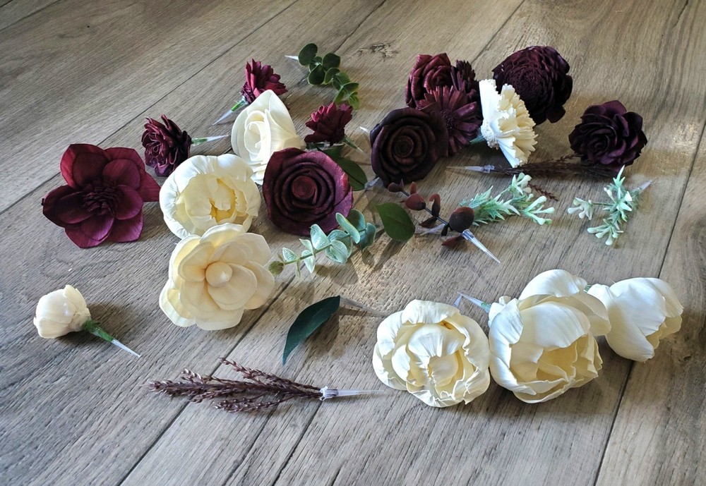Burgundy Wedding Cake Flower Topper Dark Red Wine White Sola Wood Wildflower DIY