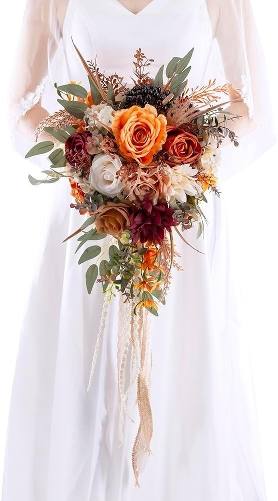 12 Inch Cascade Wedding Bouquets Bride Fall Burnt Orange Cascading Bridal