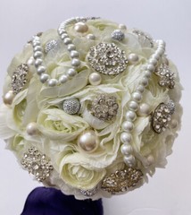 Handmade Wedding Bouquet White Light Green Pearl Artificial Flower Bling Bridal