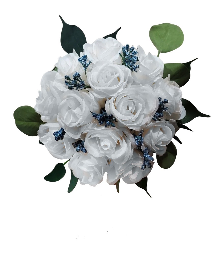 White Bridal bouquet Wedding Bridesmaid Flowers Silk Rose Eucalyptus Faux Floral