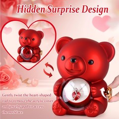 Cute Teddy Bear with Preserved Rose,Eternal Flowers Rotating Rose Box with Neckl