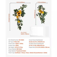 Artificial Wedding Arch Flowers Kit (Pack of 3) with 21Ft Draping Fabric, Sunflo