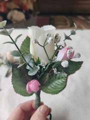 Vintage Artificial Corsage Boutonniere Lot of 5 Prom Wedding Fabric Wood Flowers