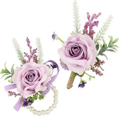 2-Pc Purple Silk Floral Corsage & Boutonniere Collection for Weddings & Proms