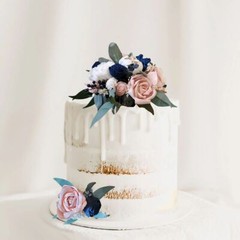 2PC Navy Blue Blush Pink Wedding Cake Flower Topper Sola Wood Reusable DIY Decor
