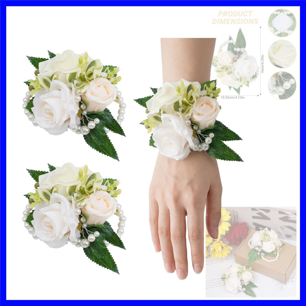 2 Pcs Prom Wrist Corsage Artificial Flowers Faux Pearl Bride Bridesmaid Brace…