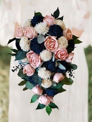 Rose Gold Bridal Cascade Bouquet Navy Sola Wood Flower Metallic Pink Cascading