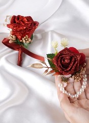 PartyforU Red Rose Boutonniere and Corsage Set – 2 Pcs Artificial Flowers