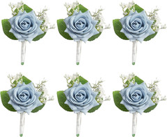 Dusty Blue Rose Boutonniere for Men Wedding, Set of 6, Wedding Flower