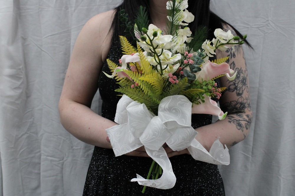 Pink cala lily and white orchid floral bouquet w/ matching boutonniere