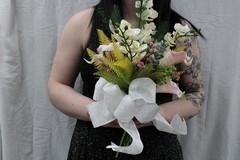 Pink cala lily and white orchid floral bouquet w/ matching boutonniere