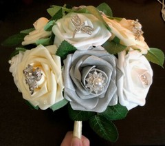 Silver, White & Cream Rose Bridal Bouquet Rhinestone & Pearl Brooch Decoration