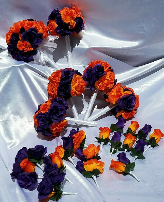 23 Pc Wedding Bouquet Set, Purple Roses, Orange Roses, White, Bouquet Package