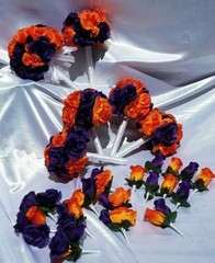 23 Pc Wedding Bouquet Set, Purple Roses, Orange Roses, White, Bouquet Package