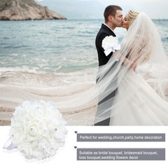 Artificial Foam Roses Bridal Bouquet with Rhinestones and Satin Ribbon