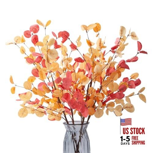 6pcs Eucalyptus Stems Fake Orange Red Autumn Leaves Artificial Silk 6pcs-orange