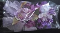 CORSAGE>PIN>LAVENDER>ROSES/TULIPS>SHEER LAVENDER RIBBONS>