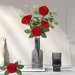 Artificial Flowers Rose Real Looking Fake Roses w/Stem for DIY 50pcs Dark Red